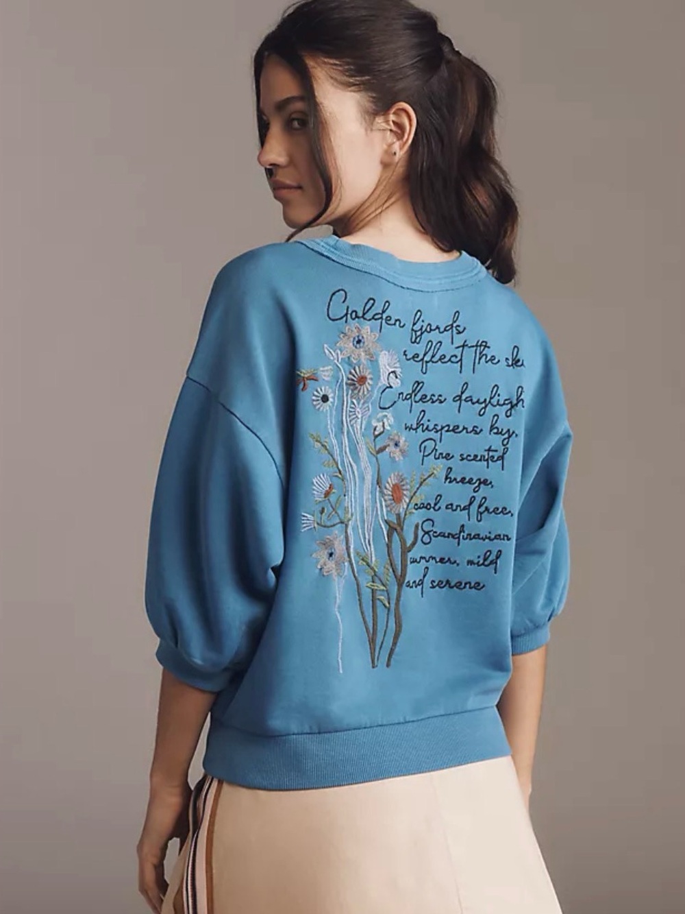 Blue Embroidered Floral Sweatshirt Top